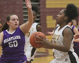 William D Lewis The Vindicator  Liberty's Delia Watson(5) shoots around Heartland's Megan Johnson(50) during 2-21-18 action at Liberty.