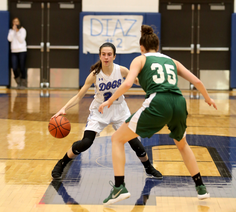 Poland guard Jackie Grisdale (21) pauses before dribbling around Ursuline's Lindsay Bell (35) in the third quarter of an Division II sectional final high school basketball game, Thursday, Feb. 22, 2018, in Poland. Poland won 50-49...(Nikos Frazier | The Vindicator)