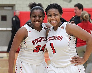 Keasia Chism (34) and Khaylah Brown (1) of Struthers celebrate together after defeating Mooney during Thursday nights tournament game at the Struthers field house.  Dustin Livesay  |  The Vindicator  2/22/18 Struthers.