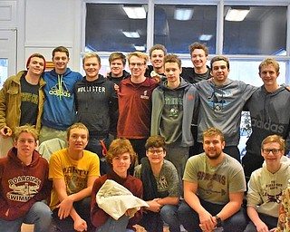 Boardman boys and girls swim teams have had another record-breaking year, winning the Northeast Aquatic Conference in Wooster in January. The teams also won the American Athletic Conference championship at Warren Harding High School. The team is determined to keep its winning streak going. Recently, the teams visited Ralph & Friends Hair Designers, where the boys’ team chose a “traditional” hair dye, brazen and brassy blonde. The girls’ team went a little more subtle, deciding on red streaks or highlights. Above, the boys’ team before the hair dye, kneeling, from left, are Brendan Beam, Stephen Vasko, Teddy Anzevino, Egan Hare, Brendan Rutledge and Andy Beichner. Back row, from left, are Kyle Kimerer, Callen Auluzia, Jordyn Stackpole, Jacob Thomas, Mason Rassega, Will Linker, Simon Mascola, David Giancola, Noah Basista and Mathwew Dunlany. Below, the boys’ team sports their new looks. At bottom, the girls’ team, from left, are Maria Perera, Ella Hare, Megan Janak, Syndney Hull, Carly Amendola, Hailey Marcus, Mia Bruno and Sarah Murray.