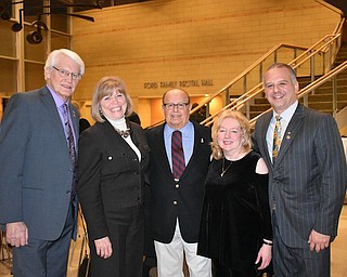 Rotary Club of Youngstown recently celebrated its 103rd anniversary at Flad Pavilion in the DeYor Performing Arts Center. Presentation of the Paul Harris Fellow Awards took place and were given to Rotarians or their designees in recognition of donations of $1,000 or more to the humanitarian and educational programs of the Rotary Foundation. A special Paul Harris Award was presented to Dr. Rashid Abdu for his impact on the Mahoning Valley community and to Ellie Platt for outstanding community involvement. Above, from left, are Frank Kishel, president of chapter; Suzanne Fleming, past president; Dr. Abdu; Sherry Anderson; Scott Schulick, past president and Rotary District 6650 governor-elect.