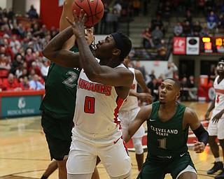 Youngstown State forward Tyree Robinson (0) goes up for a layup during the first half of a NCAA Horizon League college basketball game, Saturday, Feb. 24, 2018, in Youngstown...(Nikos Frazier | The Vindicator)