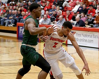 Youngstown State forward Devin Haygood (2) drives past Cleveland State forward Evan Clayborne (22) during the first half of a NCAA Horizon League college basketball game, Saturday, Feb. 24, 2018, in Youngstown...(Nikos Frazier | The Vindicator)