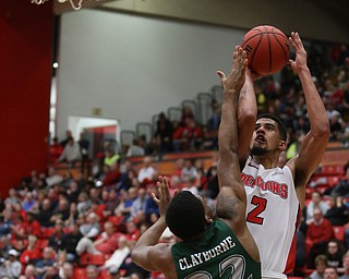 Youngstown State forward Devin Haygood (2) goes up for two over Cleveland State forward Evan Clayborne (22) during the first half of a NCAA Horizon League college basketball game, Saturday, Feb. 24, 2018, in Youngstown...(Nikos Frazier | The Vindicator)