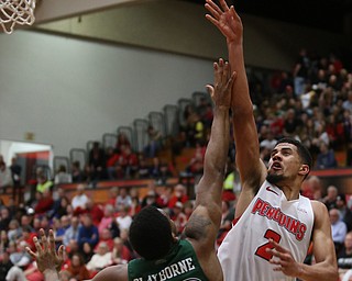 Youngstown State forward Devin Haygood (2) goes up for two over Cleveland State forward Evan Clayborne (22) during the first half of a NCAA Horizon League college basketball game, Saturday, Feb. 24, 2018, in Youngstown...(Nikos Frazier | The Vindicator)
