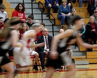 Columbiana head coach Ron Moschella watches the game from the bench during the first half of an OHSAA Sectional Final, Saturday, Feb. 24, 2018, in Columbiana...(Nikos Frazier | The Vindicator)