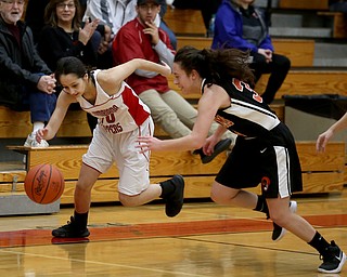 Columbiana's Grace Hammond (10) steals the ball from McDonald's Olivia Perry (3) during the first half of an OHSAA Sectional Final, Saturday, Feb. 24, 2018, in Columbiana...(Nikos Frazier | The Vindicator)