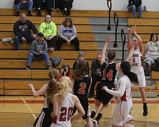 Columbiana's Tessa Liggett (5) goes up for three during the first half of an OHSAA Sectional Final, Saturday, Feb. 24, 2018, in Columbiana...(Nikos Frazier | The Vindicator)