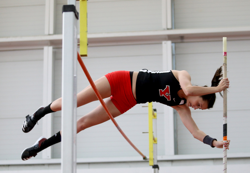 Youngstown pole vaulter Rachel Hart clears the bar during the first day of the 2018 Horizon League Indoor Championships, Saturday, Feb. 24, 2018, in Youngstown...(Nikos Frazier | The Vindicator)