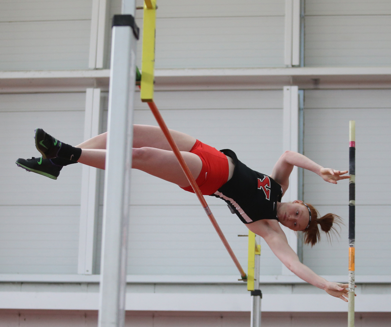 Youngstown pole vaulter Katlyn Griffie clears the bar during the first day of the 2018 Horizon League Indoor Championships, Saturday, Feb. 24, 2018, in Youngstown...(Nikos Frazier | The Vindicator)