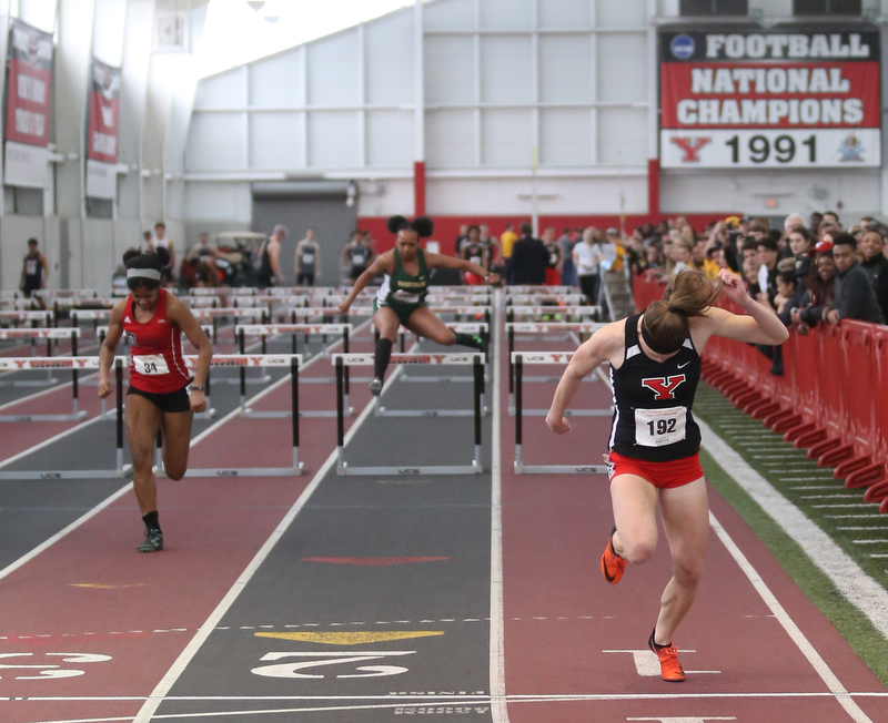 Youngstown's Amber Eles runs the women's 60 meter hurdles during the first day of the 2018 Horizon League Indoor Championships, Saturday, Feb. 24, 2018, in Youngstown...(Nikos Frazier | The Vindicator)