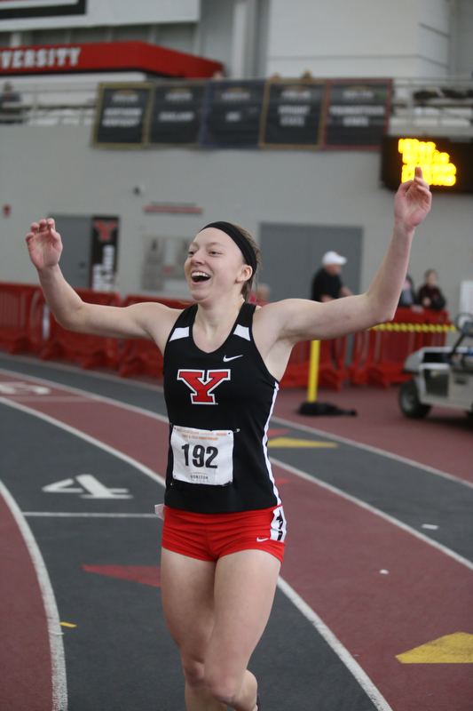 Youngstown's Amber Eles celebrates winning the prelim run of the women's 60 meter hurdles during the first day of the 2018 Horizon League Indoor Championships, Saturday, Feb. 24, 2018, in Youngstown...(Nikos Frazier | The Vindicator)