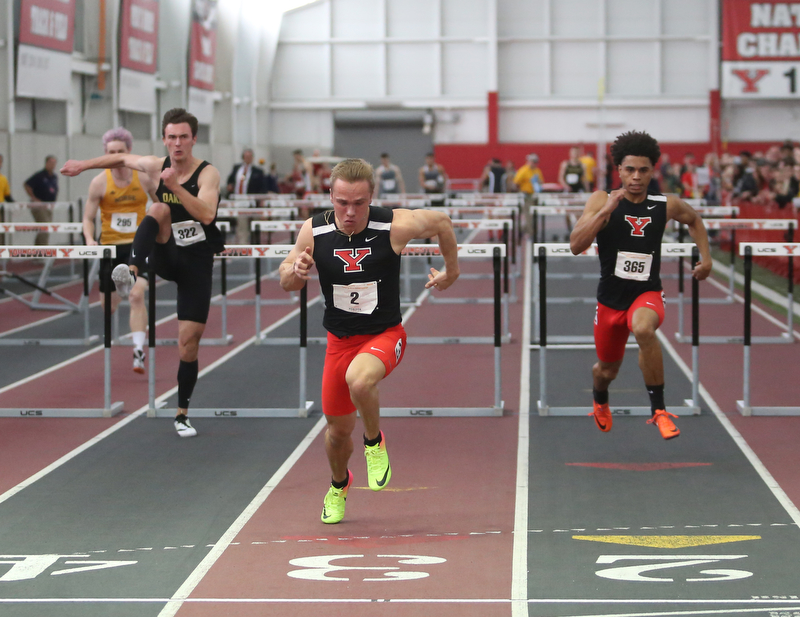 Youngstown's Chad Zallow runs the prelim Men's 60 meter hurdles during the first day of the 2018 Horizon League Indoor Championships, Saturday, Feb. 24, 2018, in Youngstown...(Nikos Frazier | The Vindicator)