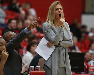 Cleveland State head coach Kate Peterson calls out a play during the first half of a NCAA Horizon League college basketball game, Saturday, Feb. 24, 2018, in Youngstown...(Nikos Frazier | The Vindicator)