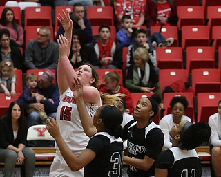 Youngstown State forward Mary Dunn (15) goes up for a layup during the first half of a NCAA Horizon League college basketball game, Saturday, Feb. 24, 2018, in Youngstown...(Nikos Frazier | The Vindicator)