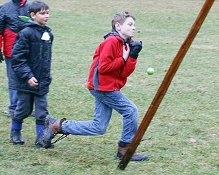 Mateo Santiago tries to catch a ball for hhis team during the team building exercise during the Klondike Gold Rush at Camp Stambaugh on Saturday morning.  Dustin Livesay  |   The Vindicator  2/24/18  Camp Stambaugh