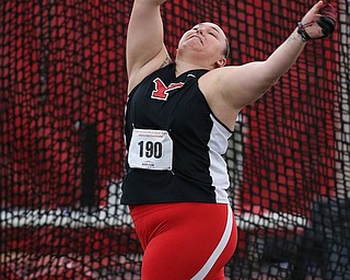 YOUNGSTOWN, OHIO - FEBRUARY 24, 2018: 2018 Horizon League Indoor Track & Field Championships-  YSU Penguins' Jaynee Corbett (190) throws 60'2" to capture 1st place in the weight throw at Watson and Tressel Training Site, YSU, Youngstown, OH.  MICHAEL G. TAYLOR | THE VINDICATOR