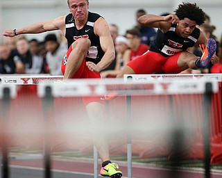 YOUNGSTOWN, OHIO - FEBRUARY 24, 2018: 2018 Horizon League Indoor Track & Field Championships-  YSU Penguins' Char Zallow (387) runs 7.65 secs to qualify with the best time for the mens' 60m hurdle final at Watson and Tressel Training Site, YSU, Youngstown, OH.  MICHAEL G. TAYLOR | THE VINDICATOR