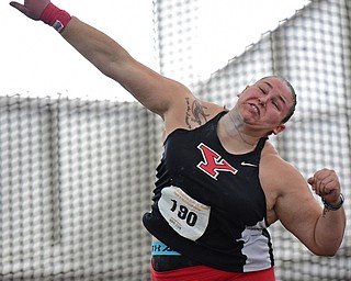 YOUNGSTOWN, OHIO - FEBRUARY 25, 2018: Youngstown State's Jaynee Corbett throws the shot put during the women's shot put, Sunday afternoon during the Horizon League Indoor track Championship meet. DAVID DERMER | THE VINDICATOR