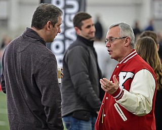 YOUNGSTOWN, OHIO - FEBRUARY 25, 2018: Youngstown State president Jim Tressel talks with United States Congressmen Tim Ryan during the Horizon League Indoor track Championship meet. DAVID DERMER | THE VINDICATOR