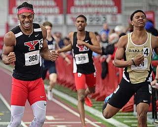 YOUNGSTOWN, OHIO - FEBRUARY 25, 2018: Youngstown State's Collin Harden celebrates after defeating Oakland's Jimmie Williams in the 400 meter dash during the Horizon League Indoor track Championship meet. DAVID DERMER | THE VINDICATOR