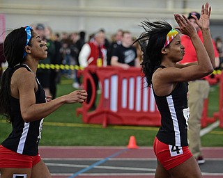 YOUNGSTOWN, OHIO - FEBRUARY 25, 2018: Youngstown State's Keishawnna Burts, right, claps her hands in celebration after wining the women's 60 meter dash during the Horizon League Indoor track Championship meet. DAVID DERMER | THE VINDICATOR

Youngstown State's Jaliyah Elliott pictured. 