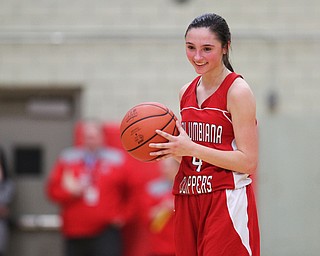 Columbiana's Kayla Muslovski (4) laughs while Columbiana ran the entire second quarter clock during  the first half of Wednesday nights matchup at Struthers High School.  Dustin Livesay  |  The Vindicator  2/28/18  Struthers