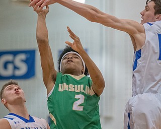 Ursuline's Daysean Harris shoots the ball between Poland defenders Brandon Barringer and Dan Kramer during Poland's 68-47 sectional tournament win in Poland on Friday night...Photo by Dianna Oatridge.