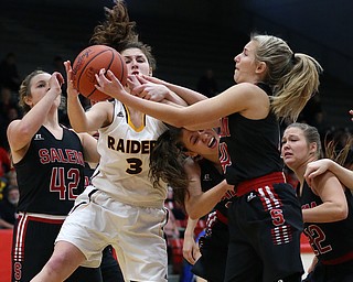 STRUTHERS, OHIO - MARCH 3, 2018: South Range'sIzzy Lamparty (3) battles for the rebound with Salem's Casey Johnson (4) and her teammates during the 1st qtr at Struthers High School, Struthers' Fieldhouse. MICHAEL G. TAYLOR | THE VINDICATOR