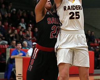 STRUTHERS, OHIO - MARCH 3, 2018: South Range's Dani Vuletich (25) shoots against Salem's Echo Mayer-Kutz (21) during the 1st qtr at Struthers High School, Struthers' Fieldhouse. MICHAEL G. TAYLOR | THE VINDICATOR