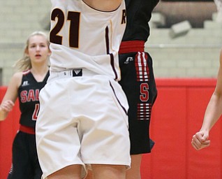 STRUTHERS, OHIO - MARCH 3, 2018: Salem's Allee Davidson-Chuck (22) is fouled as she shoots against South Range's Samantha Patrone (21) during the 2nd qtr at Struthers High School, Struthers' Fieldhouse. MICHAEL G. TAYLOR | THE VINDICATOR