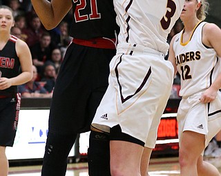 STRUTHERS, OHIO - MARCH 3, 2018: Salem's Echo Mayer-Kutz (21) is fouled as she shoots against South Range's Izzy Lamparty (3) during the 2nd qtr at Struthers High School, Struthers' Fieldhouse. MICHAEL G. TAYLOR | THE VINDICATOR