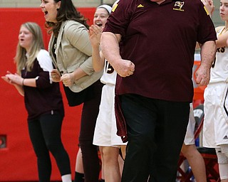STRUTHERS, OHIO - MARCH 3, 2018: South Range's head coach Tony Matisi celebrates during the 3rd qtr at Struthers High School, Struthers' Fieldhouse. MICHAEL G. TAYLOR | THE VINDICATOR