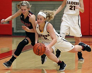 STRUTHERS, OHIO - MARCH 3, 2018: South Range's Bree Kohler (12) has the ball stolen by Salem's Casey Johnson (4) during the 4th qtr at Struthers High School, Struthers' Fieldhouse. MICHAEL G. TAYLOR | THE VINDICATOR