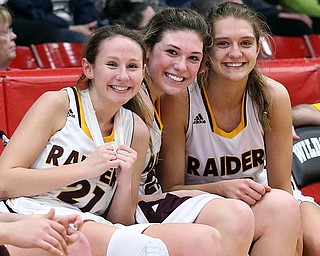 STRUTHERS, OHIO - MARCH 3, 2018: left to right, South Range Raiders Samantha Patrone (21), Dani Vuletich (25) and Maddie Durkin (13) celebrate their D3 Championship at Struthers High School, Struthers' Fieldhouse. MICHAEL G. TAYLOR | THE VINDICATOR
