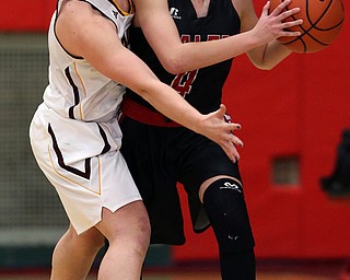 STRUTHERS, OHIO - MARCH 3, 2018: South Range's Bree Kohler (12) traps Salem's Casey Johnson (4) during the 1st qtr at Struthers High School, Struthers' Fieldhouse. MICHAEL G. TAYLOR | THE VINDICATOR