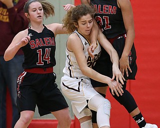STRUTHERS, OHIO - MARCH 3, 2018: South Range's Booke Sauerwein (20) battles for the loose ball with Salem's Echo Mayer-Kutz (21) during the 3rd qtr at Struthers High School, Struthers' Fieldhouse. MICHAEL G. TAYLOR | THE VINDICATOR