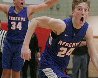 William D. Leiws The Vindicator  Western Reserve's Jack Cappabianca(34) and Kade Hilles(24) react after Hilles scored winning bucket  defeating McDonald at Struthers 3-5-18.