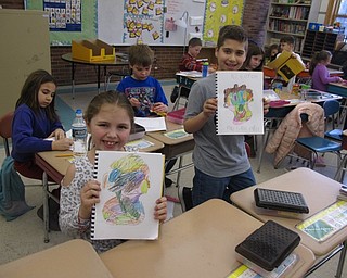 Neighbors | Zack Shively.The Dobbins Elementary students drew abstract faces. The students created their abstract works by beginning with shapes and attempting to draw a familiar object but either simplified or exaggerated. Pictured are, from left, Madalin Rabatin and Nathan Sosnosky holding their abstract portraits.