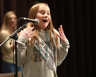             ROBERT  K. YOSAY | THE VINDICATOR..The 85th Spellling Bee at YSU and Kilcawley Center - 44 spellers came  down to  Mackenzie Sambroak 5th grader from Roosevelt Elementary in McDonald... Mackenzie Sambroak 5th grader from Roosevelt Elementary in McDonald. reacts to the winning championship word