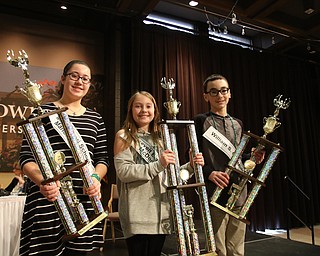             ROBERT  K. YOSAY | THE VINDICATOR..The 85th Spellling Bee at YSU and Kilcawley Center - 44 spellers came  down to  Mackenzie Sambroak 5th grader from Roosevelt Elementary in McDonald...2nd place Nina Dill  Mackenzie Sambroak and Dominic Nohra   3rd place