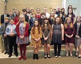 Above, front row, from left, are Nick Zeno, Liam Burk, Giovanni Beato, Dayna Hughes, Sylvia Tsarnas, Sophia Sdregas, Serena Grenga, Sophia Graziano and Jenna Hughes. Second row, from left, are Andrew Kali, Braden Joss, Stephen Yerian, Dominic Graziano, John McNally, Natalie Filisky, Helen Four and Sophia Diorio. Top row, from left, are William Desmond; Jason Vuksanovich; Ella Szalay; Kathy Stoops, principal; Delaney Savaet; George Gabriel; Aidan Markey; the Rev. Connell; Jillian Zidian; and Liberty Lavelle. 
