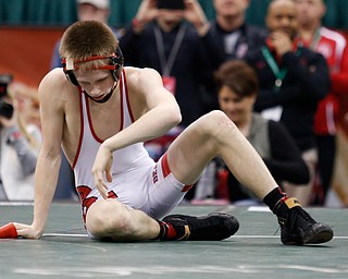 Beaver's Cole McComas is seen after a 5-3 113 pound championship match loss to Graham's Tanner Jordan during the Division II Ohio state wrestling tournament at the Ohio State University Saturday, March 10, 2018. (Photo by Paul Vernon)