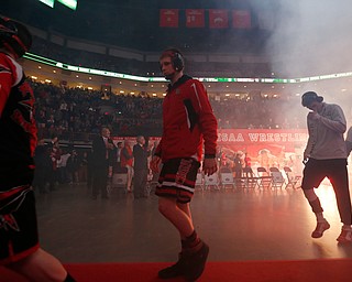 Beaver's Cole McComas, center, is seen entering during the parade of champions for the Division II Ohio state wrestling tournament at the Ohio State University Saturday, March 10, 2018. (Photo by Paul Vernon)