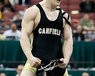 Canfield's Tyler Stein reacts to his 7-3 220 pound championship match win over Maumee's Brandon Phillips during the Division II Ohio state wrestling tournament at the Ohio State University Saturday, March 10, 2018. (Photo by Paul Vernon)