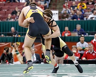 Canfield's Tyler Stein, right, works against Maumee's Brandon Phillips in a 220 pound championship match during the Division II Ohio state wrestling tournament at the Ohio State University Saturday, March 10, 2018. Stein won 7-3. (Photo by Paul Vernon)