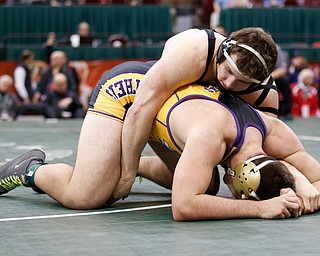 Canfield's Tyler Stein, top, works against Maumee's Brandon Phillips in a 220 pound championship match during the Division II Ohio state wrestling tournament at the Ohio State University Saturday, March 10, 2018. Stein won 7-3. (Photo by Paul Vernon)