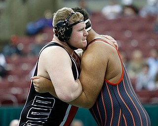 Girard's Jack DelGarbino, left, works against Steubenville's Tyler Ely in a 285 pound championship match during the Division II Ohio state wrestling tournament at the Ohio State University Saturday, March 10, 2018. DelGarbino won by pin. (Photo by Paul Vernon)