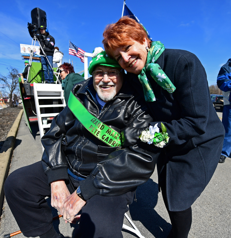 BOARDMAN, OHIO - MARCH 11, 2018: Parade grand marshal Pete Gabriel and his wife Sandy, pose for a picture during the Mahoning Valley St. Patrick's Day Parade. DAVID DERMER | THE VINDICATOR