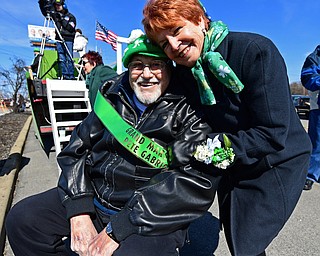 BOARDMAN, OHIO - MARCH 11, 2018: Parade grand marshal Pete Gabriel and his wife Sandy, pose for a picture during the Mahoning Valley St. Patrick's Day Parade. DAVID DERMER | THE VINDICATOR